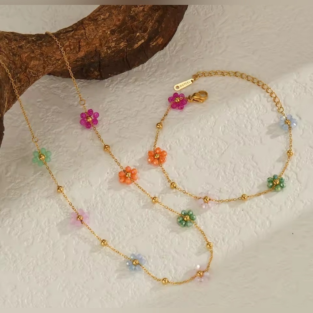 18K Gold Bohemian Beaded Flower Chain Station Necklace & Bracelet Set Minimalist